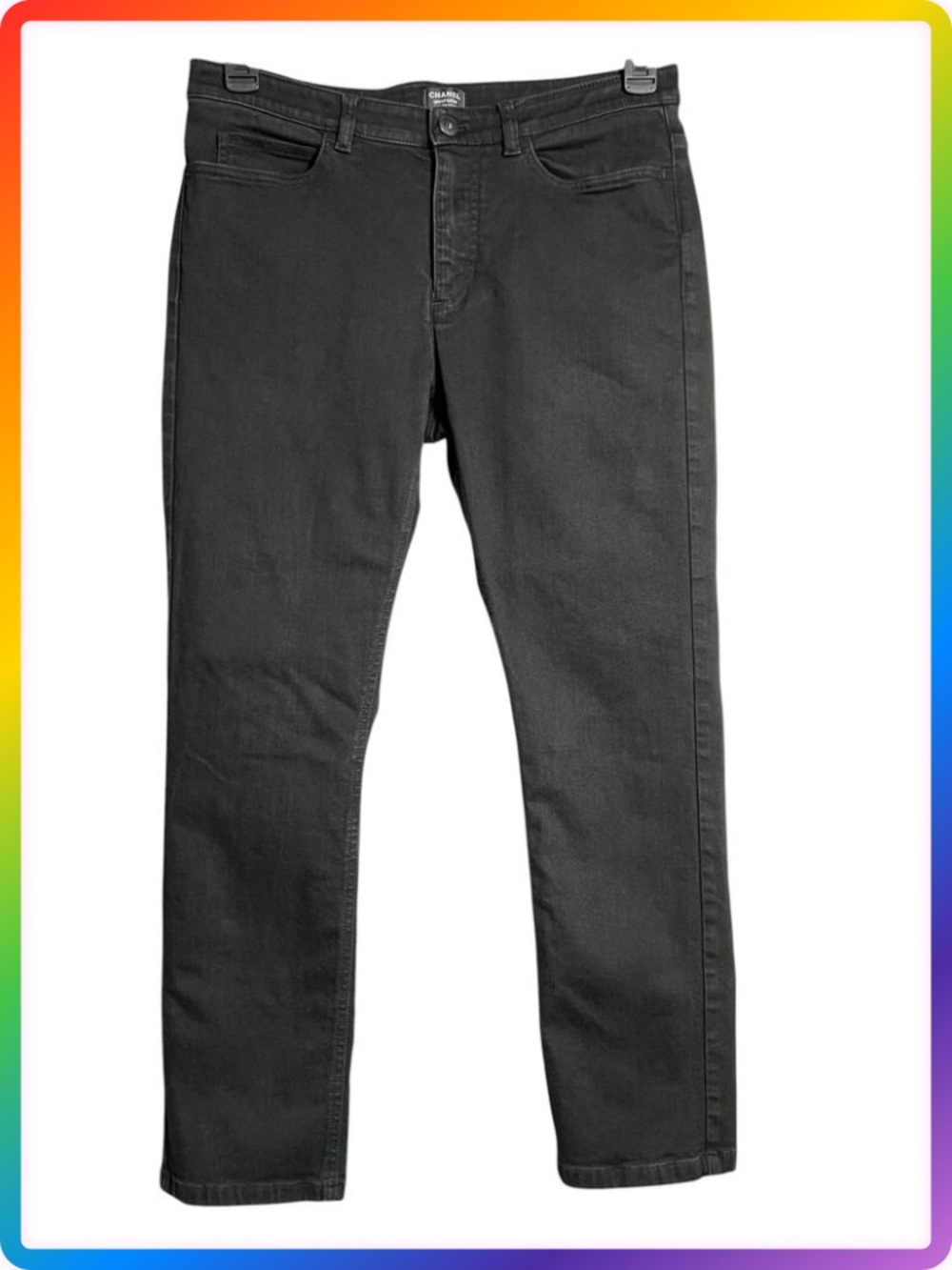 Chanel Uniform Slim Straight Stretch Denim Jeans Black EU 40 Lion Crest